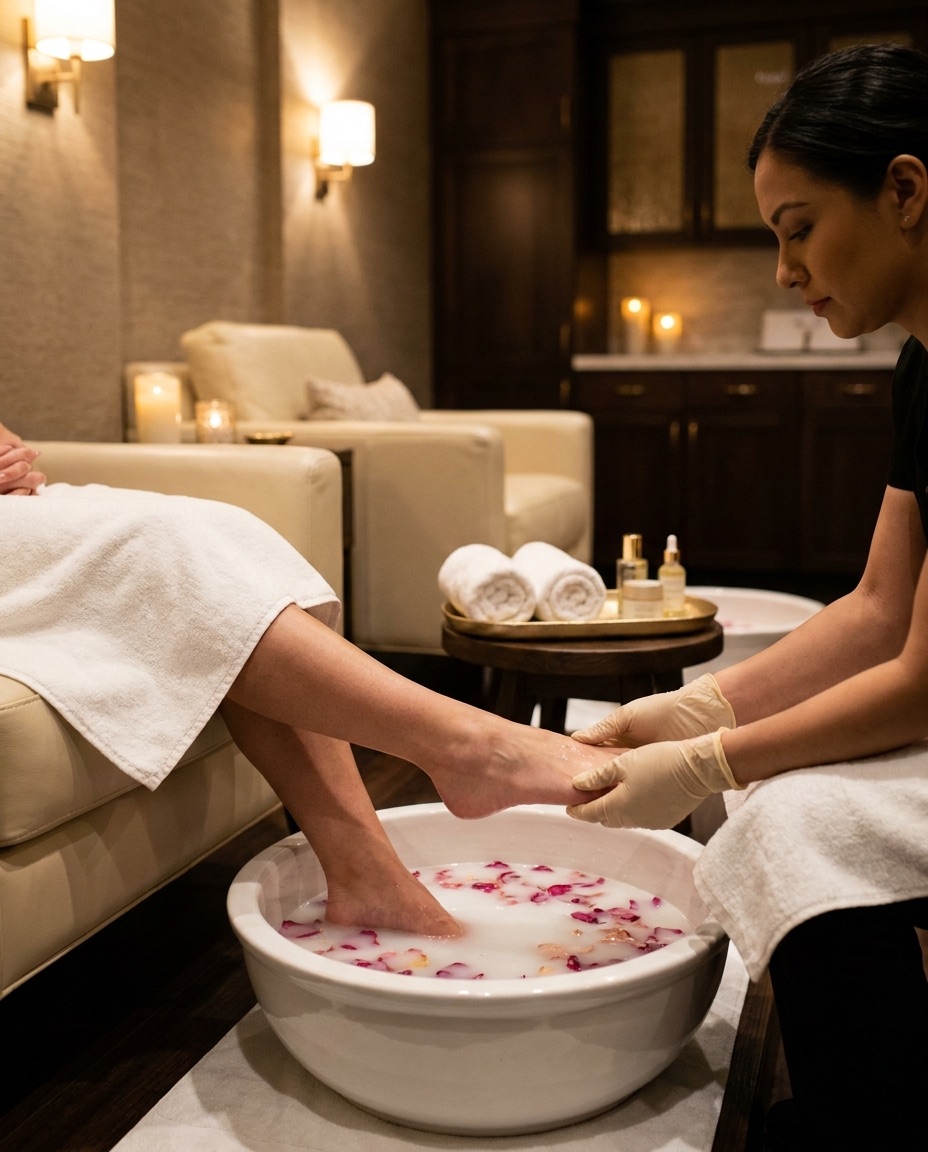 Relaxing luxury spa pedicure with rose petal soak at The Nail Spa of Greeley